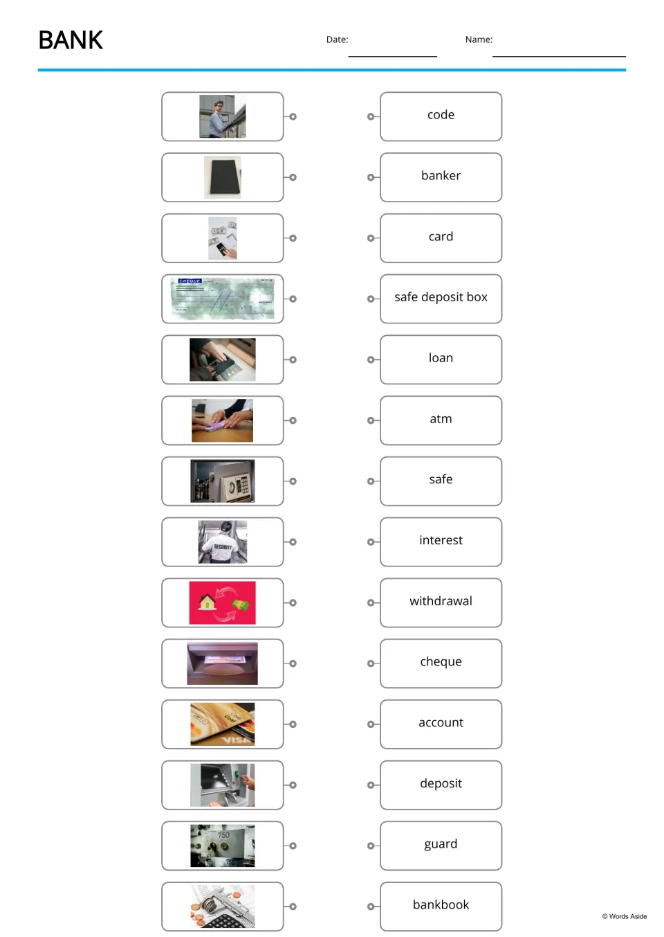 Bank photo-to-word matching: students link 14 photos, like a security guard or a cheque, to words such as safe deposit box