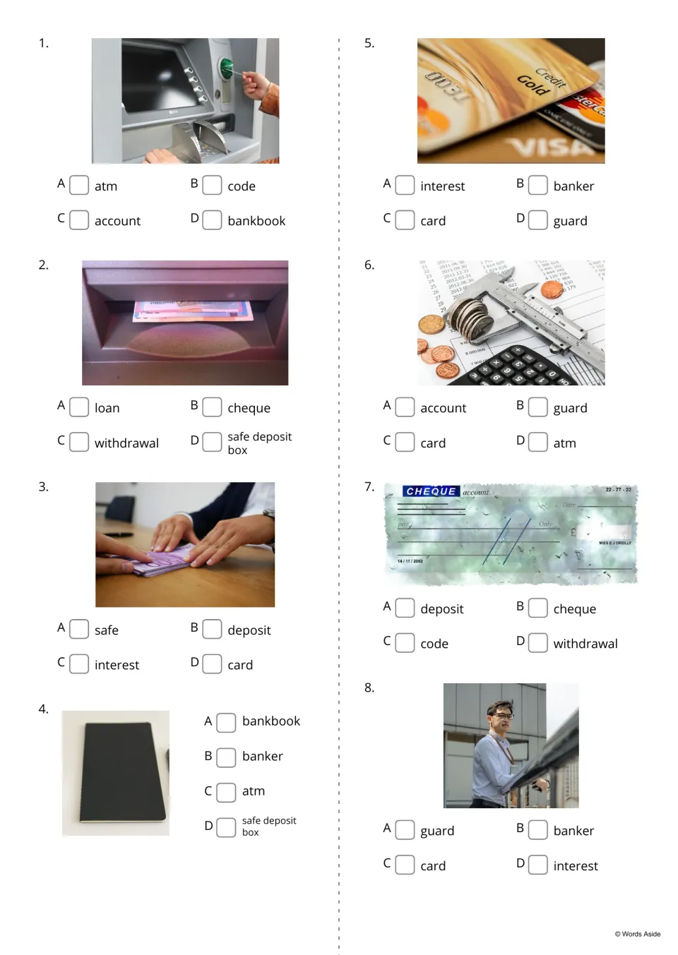 Bank vocabulary multiple choice, items 1-8: students view each photo, such as an ATM or a cheque, and tick the right word