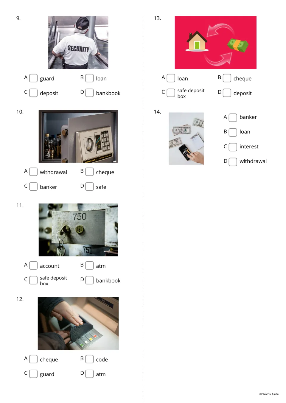 Bank vocabulary multiple choice, items 9-14: students choose a word for photos of a security guard, a safe and a keypad