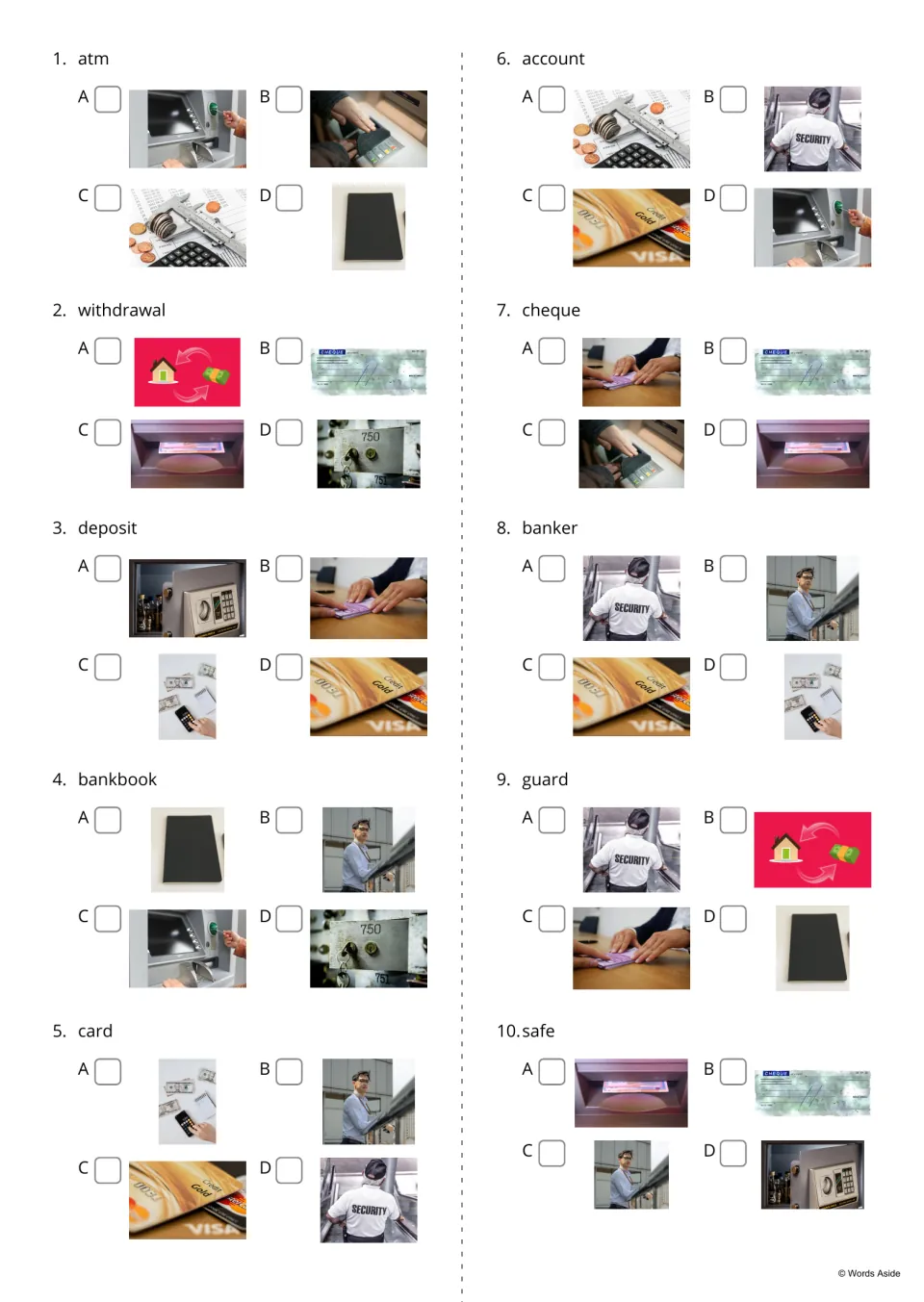 Word-to-picture choice, items 1-10: students read a bank word such as atm, deposit or cheque and tick its photo