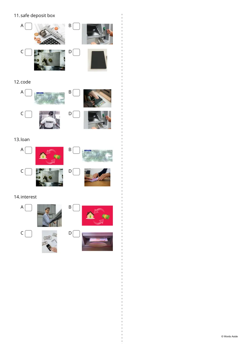 Word-to-picture choice, items 11-14: students tick the photo for safe deposit box, code, loan and interest out of four