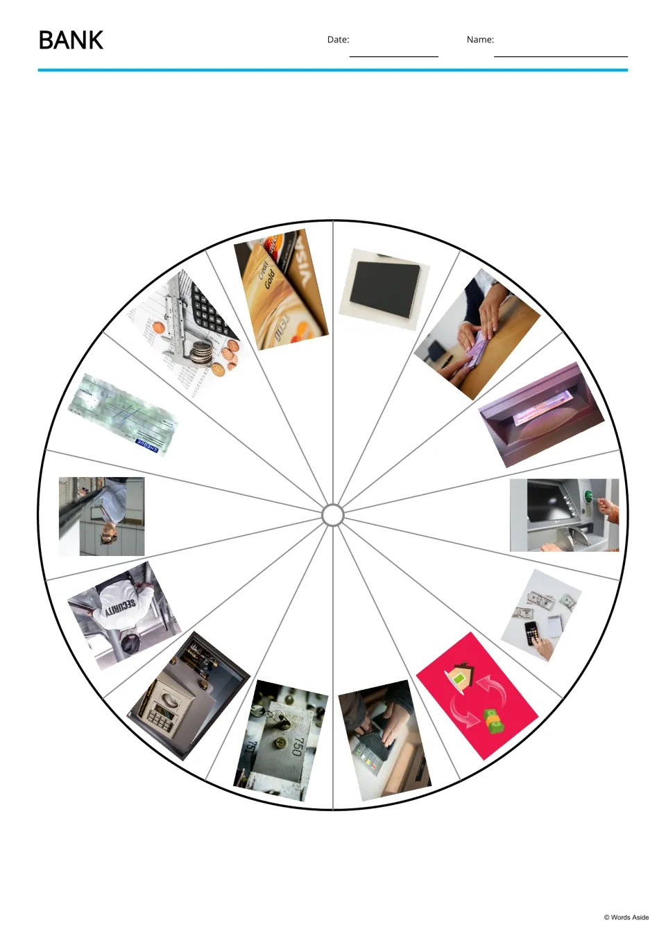 Bank picture wheel: 14 photos arranged in a circle, including a credit card, safe, cheque and security guard