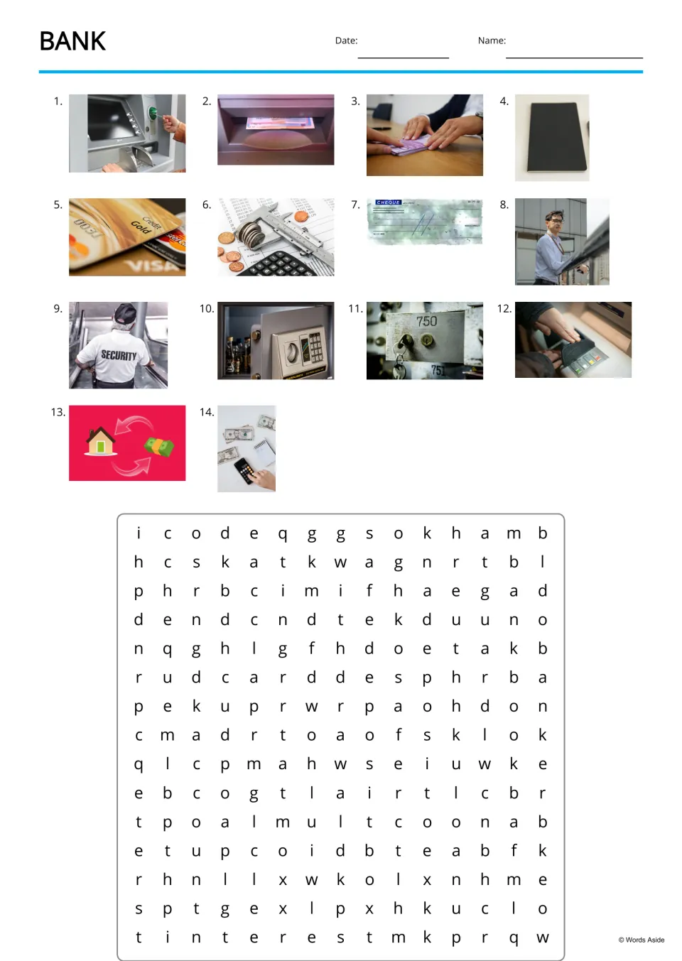 Bank vocabulary word search: students name 14 numbered photos, such as an ATM and a safe, then find each hidden word