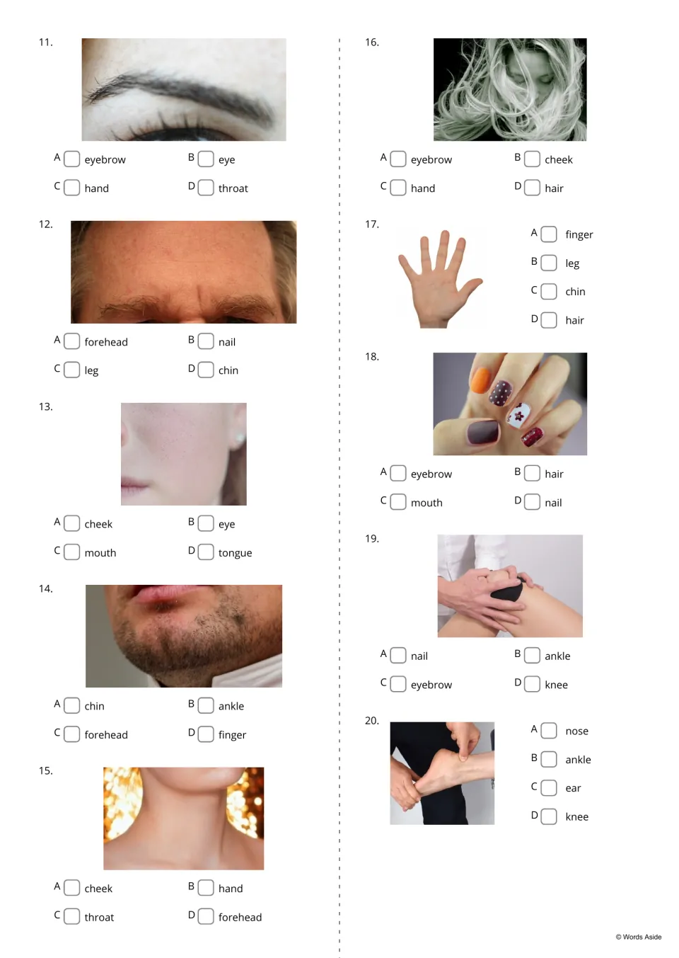Body parts picture quiz 11-20: students choose A-D to name photos of an eyebrow, forehead, cheek, chin, hair and knee