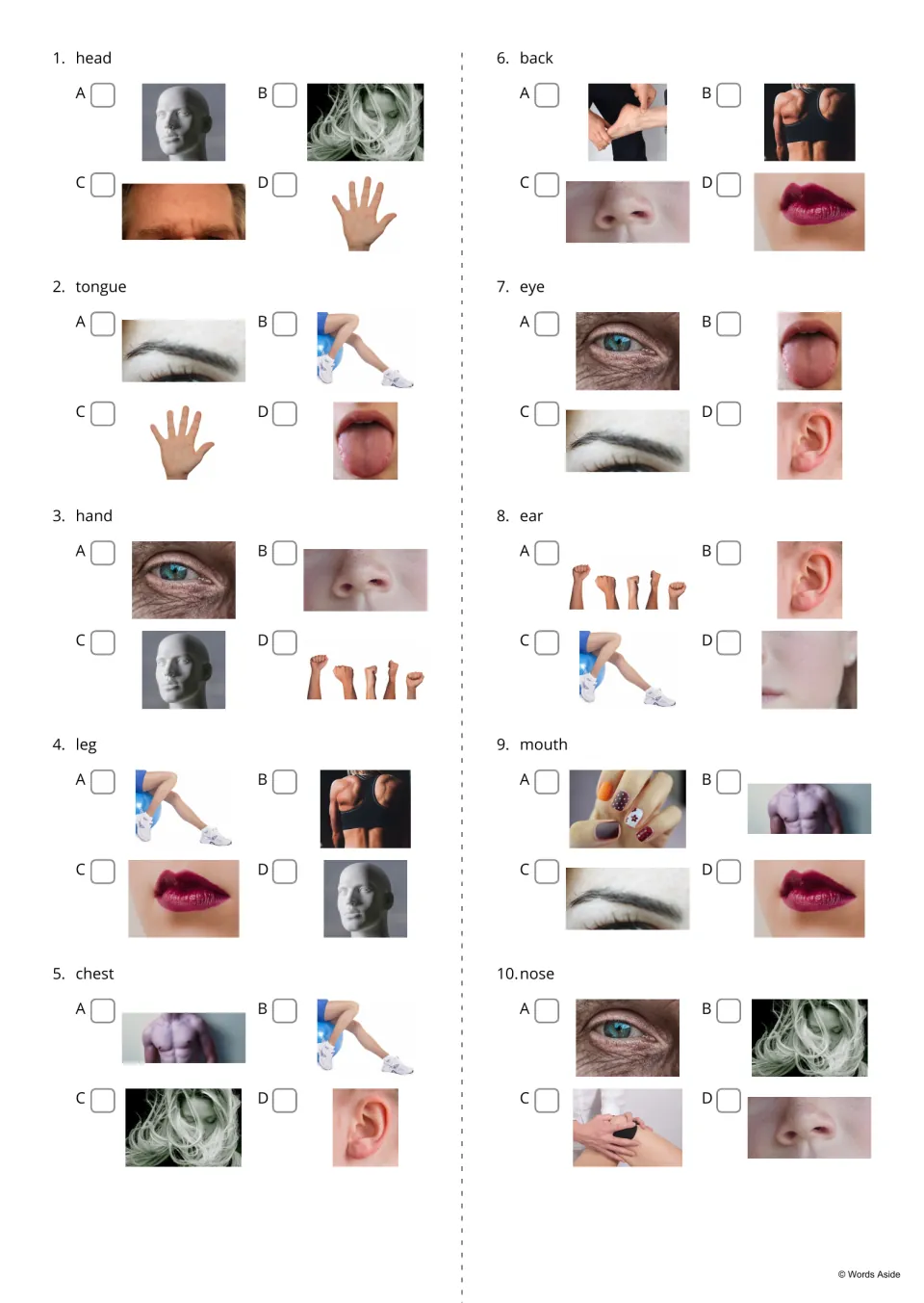 Body parts word-to-photo choice 1-10: for words like head, tongue and mouth, students tick which of four photos fits