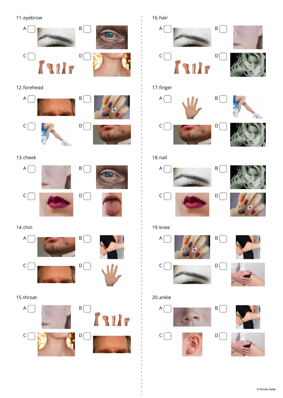Body parts word-to-photo choice 11-20: students read words such as eyebrow, chin and ankle and tick the matching photo