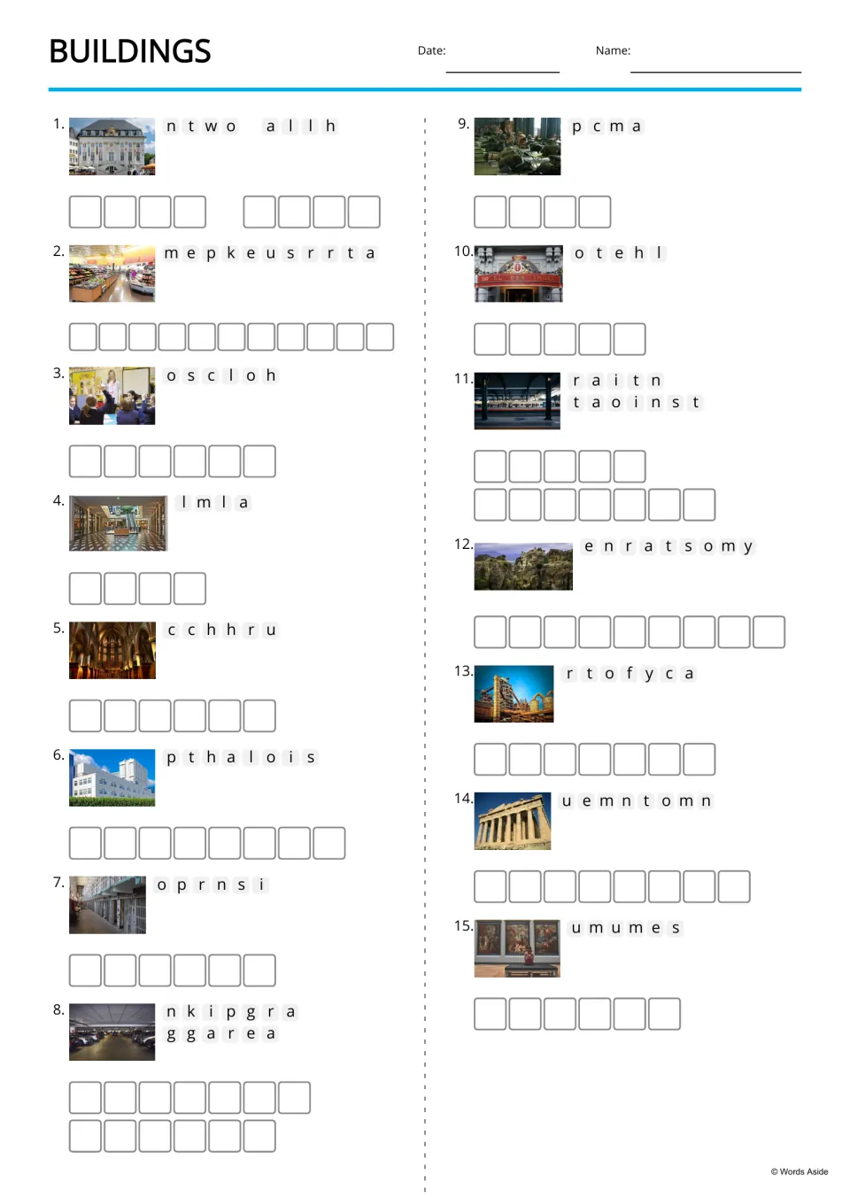 Buildings anagrams: students unscramble letters such as o t e h l to spell the building in each of 15 photos
