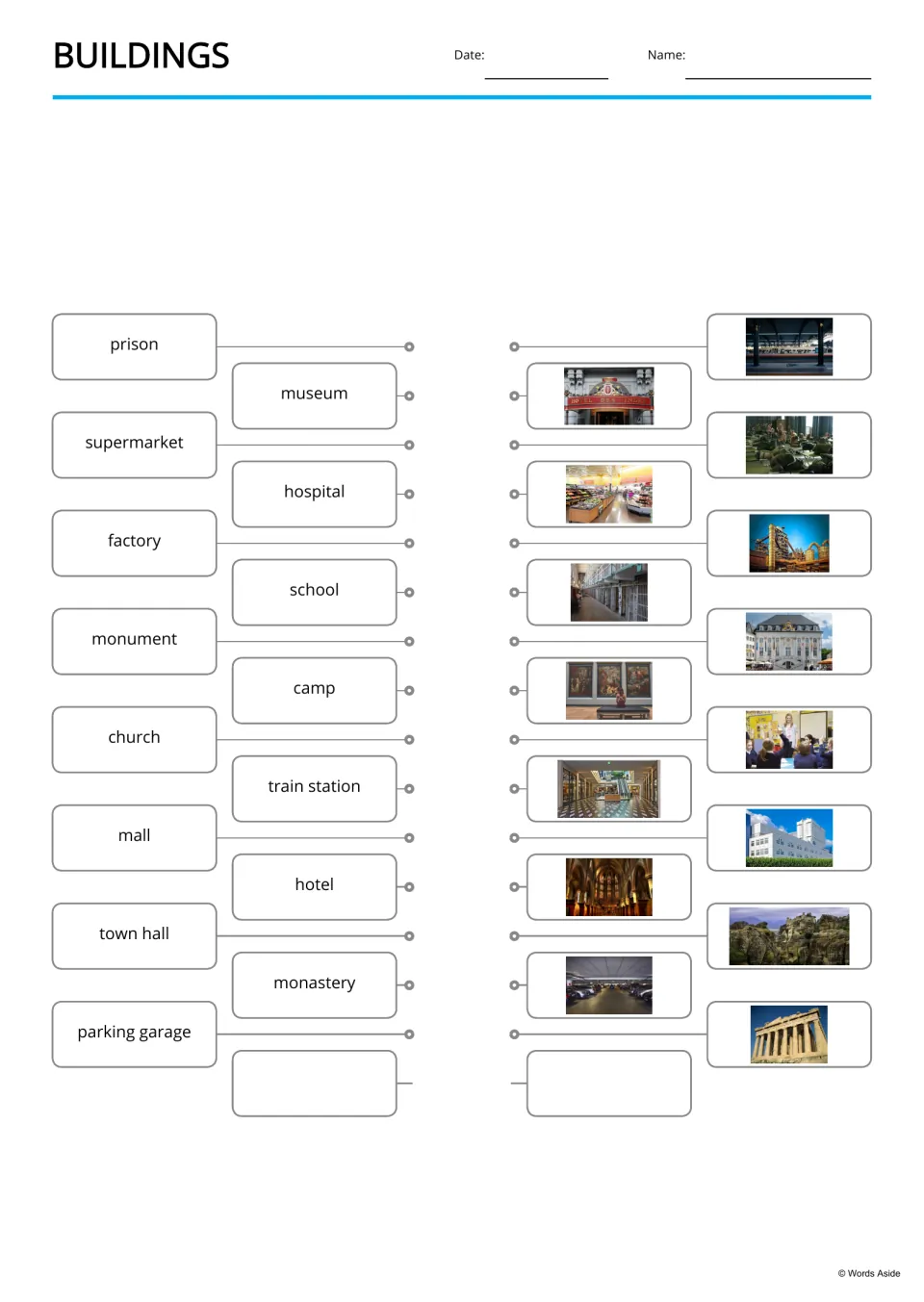 Building words matching: students draw lines from prison, museum, hospital and other words to the matching photos