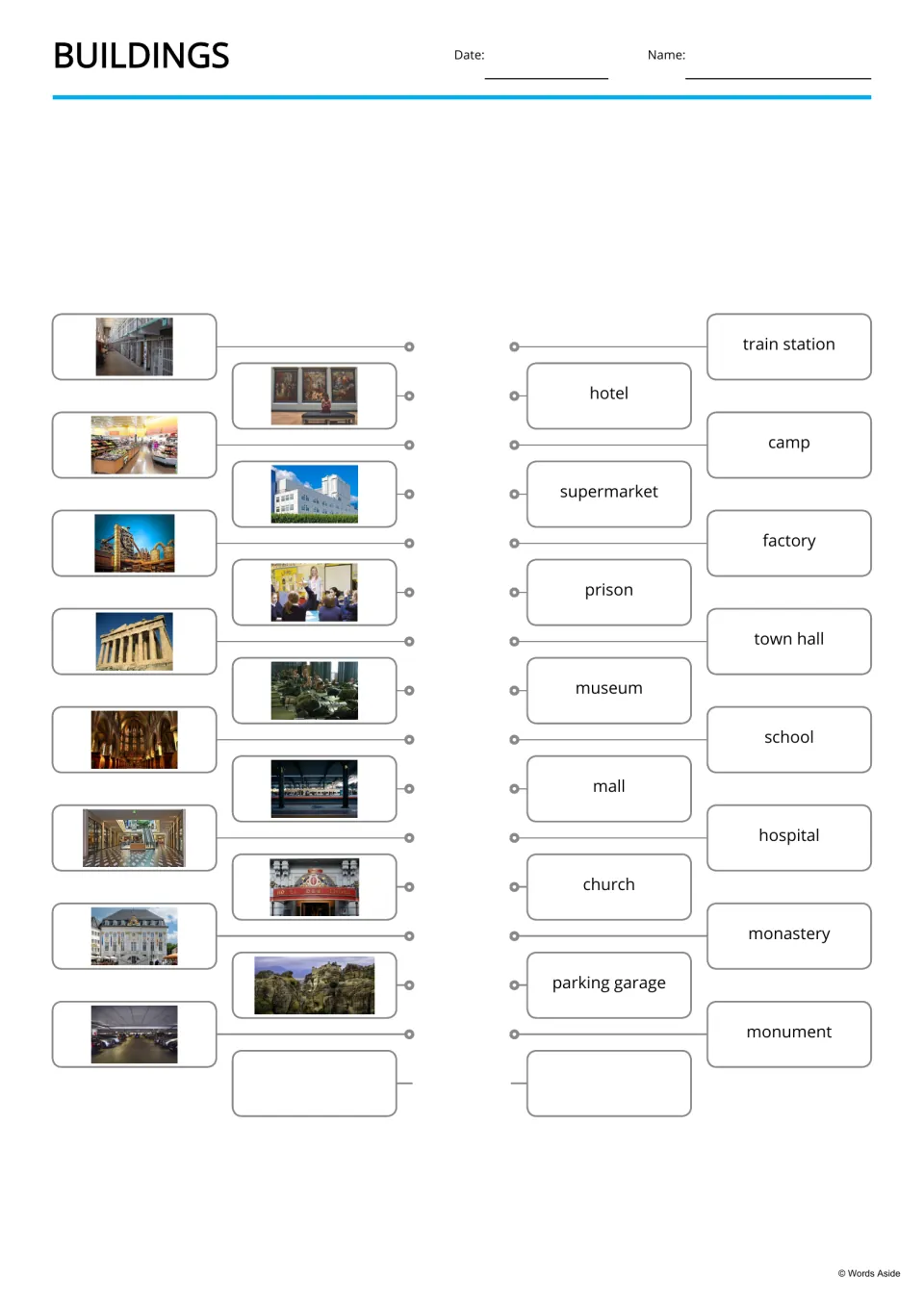 Building photos matching: students link pictures of a prison, gallery and school to words like hotel, camp and mall