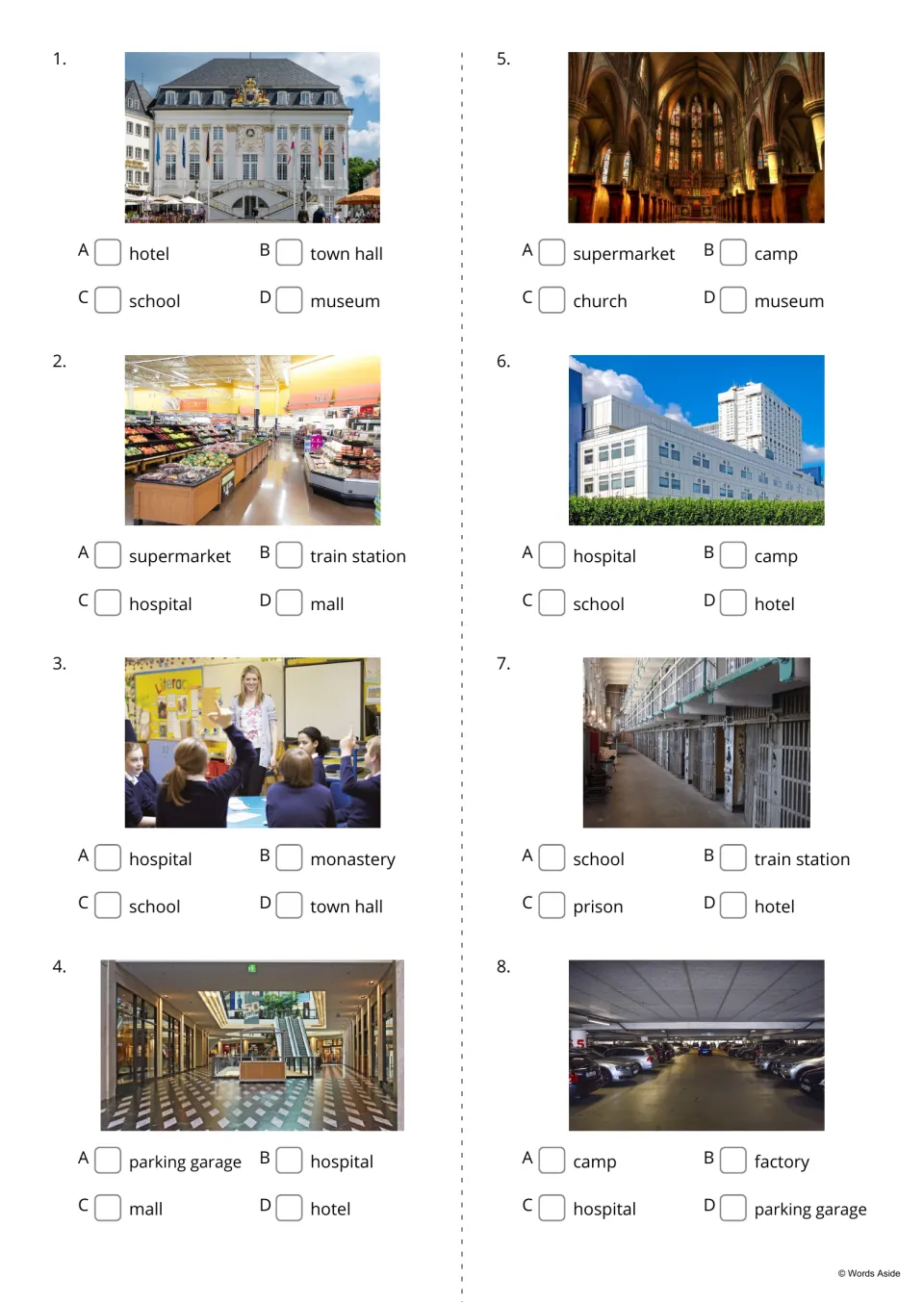 Building vocabulary quiz items 1-8: students tick which word, such as town hall or church, names each photo