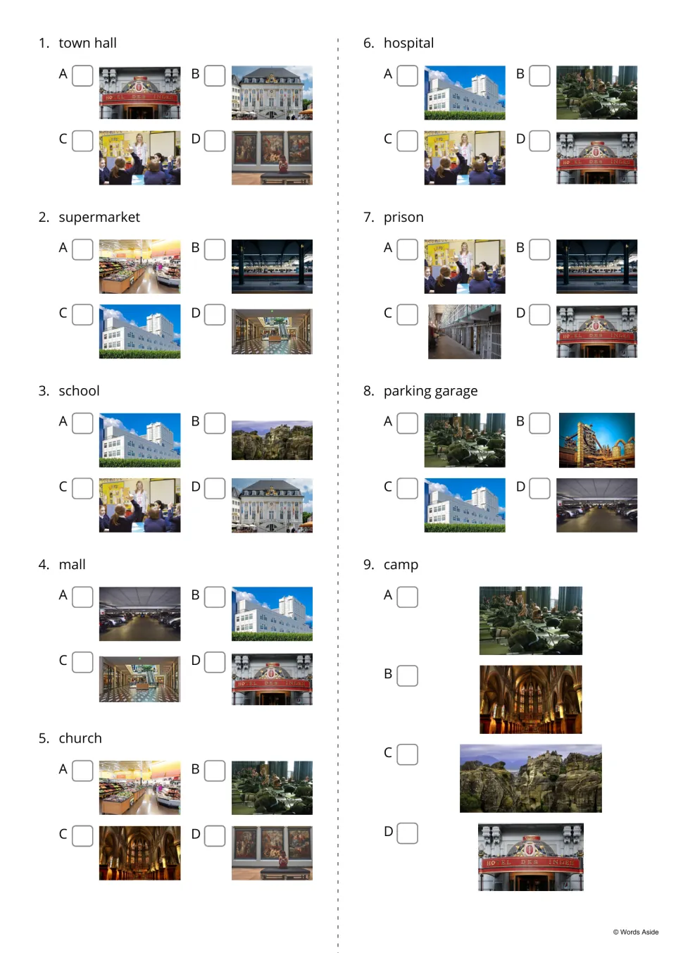 Word-to-picture quiz items 1-9: students read town hall, supermarket, school and more and tick the matching photo