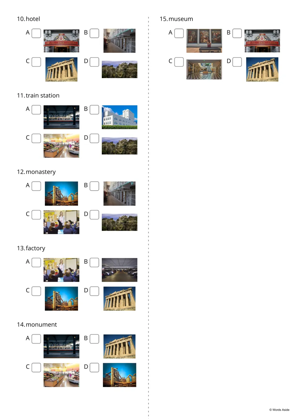Word-to-picture quiz items 10-15: students pick the photo for hotel, train station, monastery, factory and museum