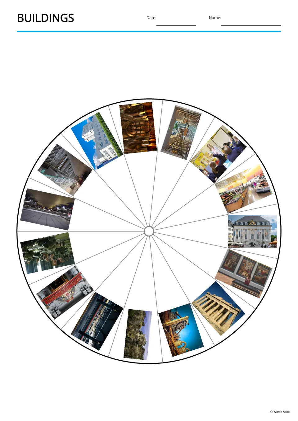 Building picture wheel: 15 photos, including a church, mall, school and hospital, set around a circle with a center hole