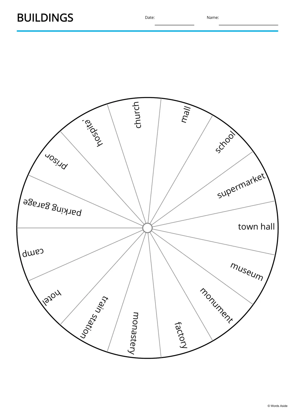 Building word wheel: the 15 building names, from church and mall to factory and monument, printed around a circle