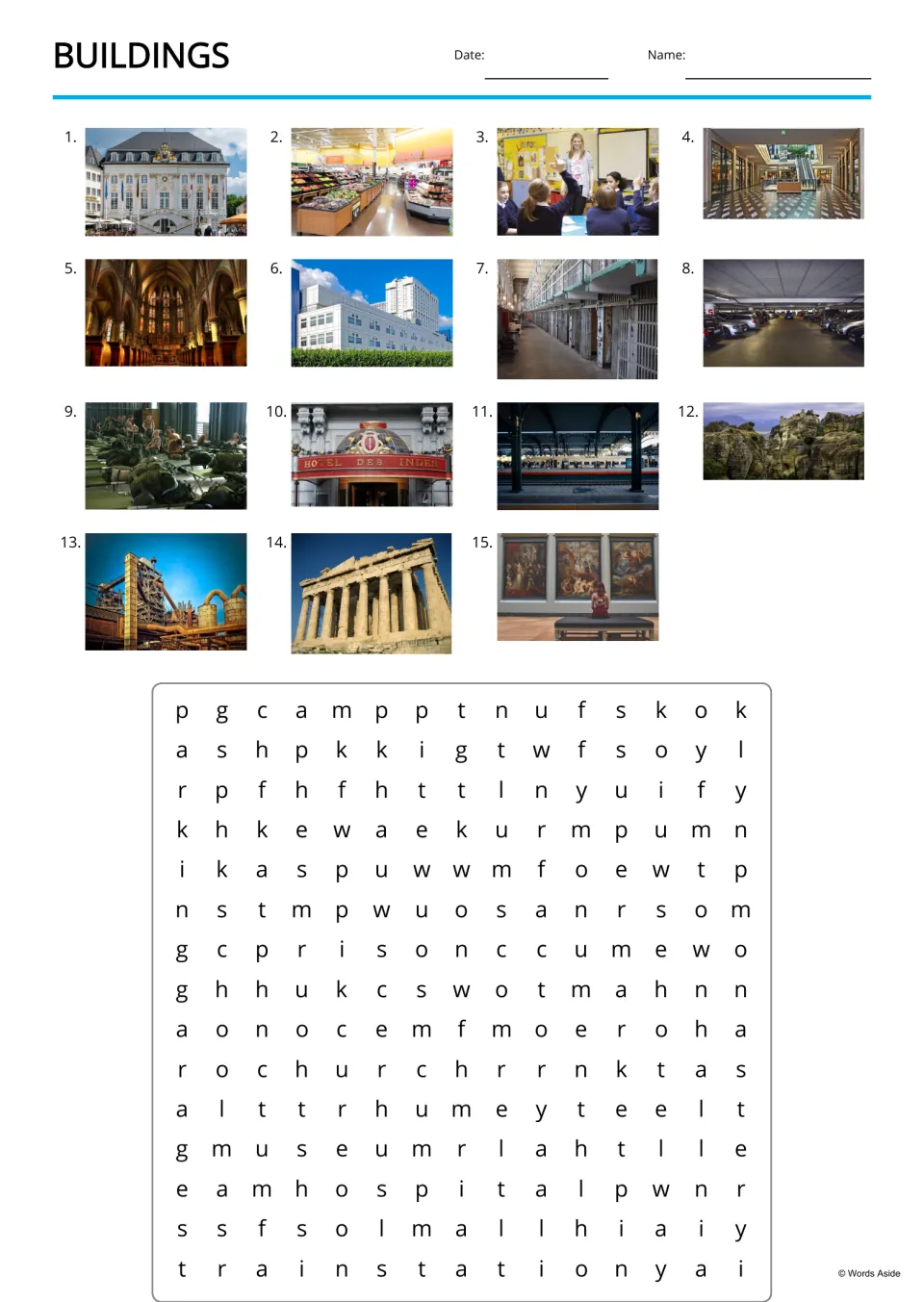 Buildings word search: students find 15 building names hidden among the letters, using numbered photos as clues