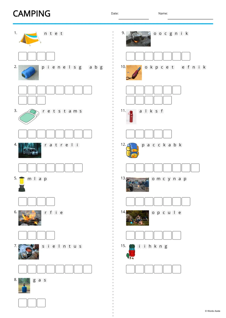 Camping anagrams: students unscramble 15 jumbled words such as n t e t and r f i e, each shown with a picture clue