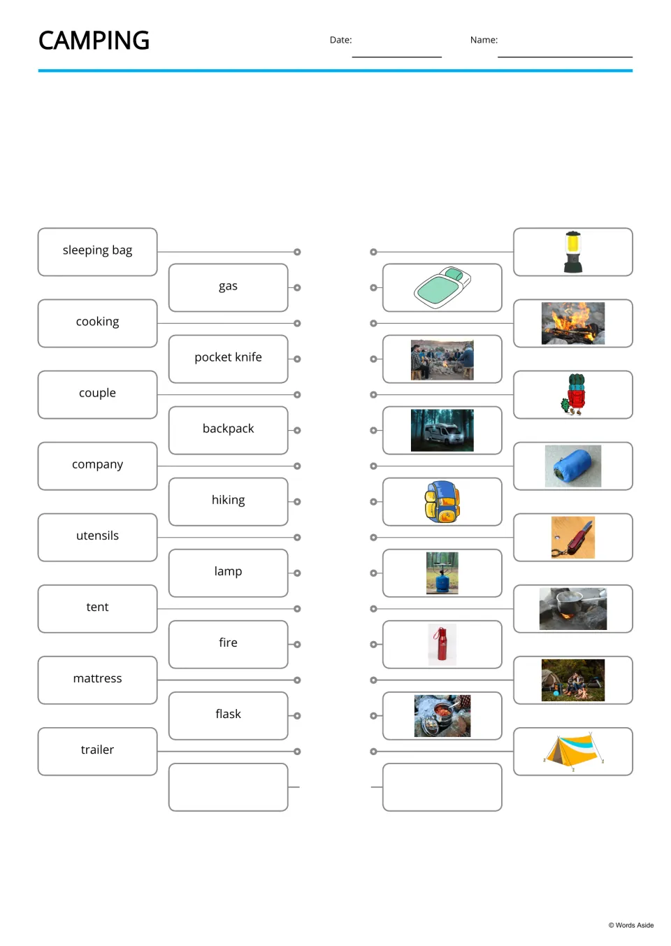 Camping word-to-picture match: students connect sleeping bag, gas, tent, lamp, flask and other words to their pictures