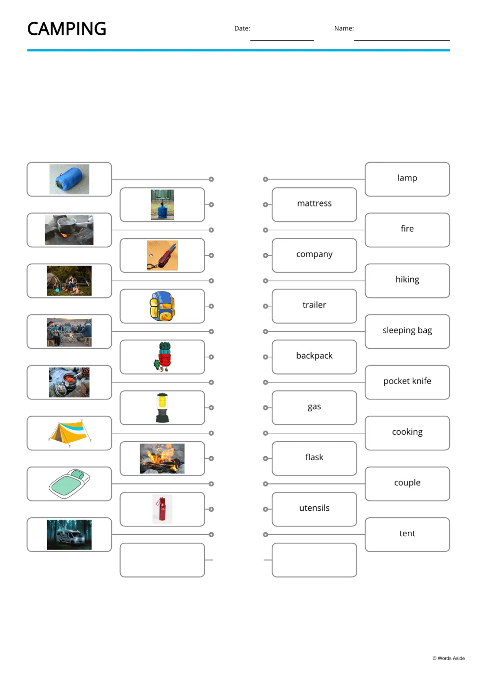 Camping picture-to-word match: students link photos of a sleeping bag, stove, knife and more to words like lamp and fire