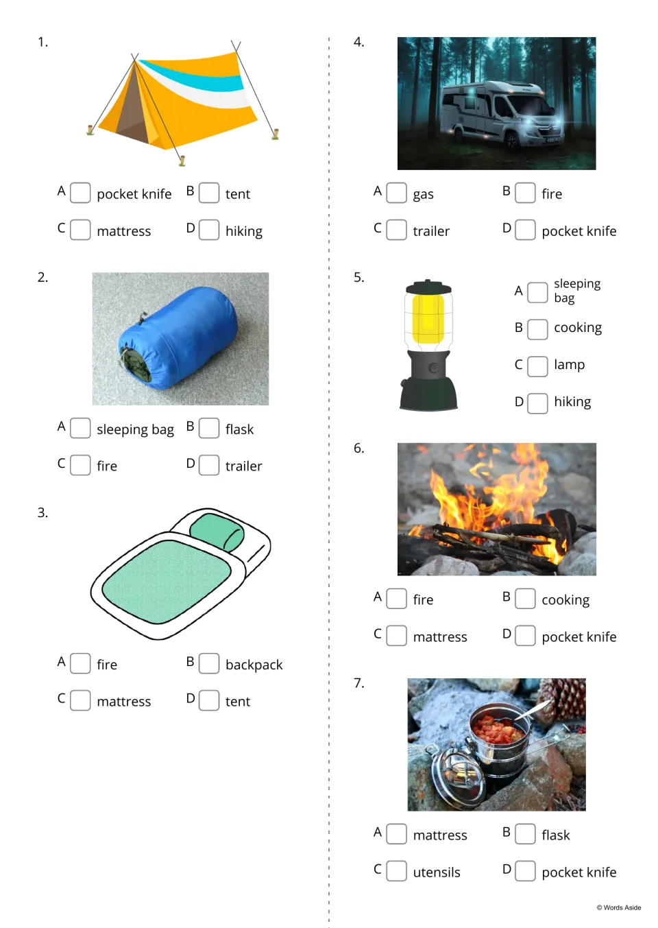 Camping picture quiz, items 1-7: students tick the word that names each picture, such as tent, sleeping bag, lamp or fire