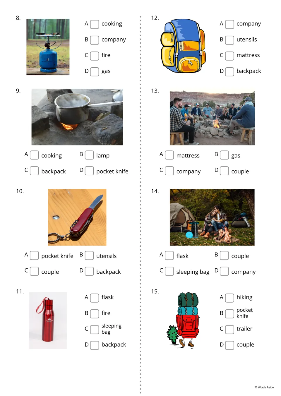 Camping picture quiz, items 8-15: students choose the word for a gas stove, pot, pocket knife, flask, backpack and campers