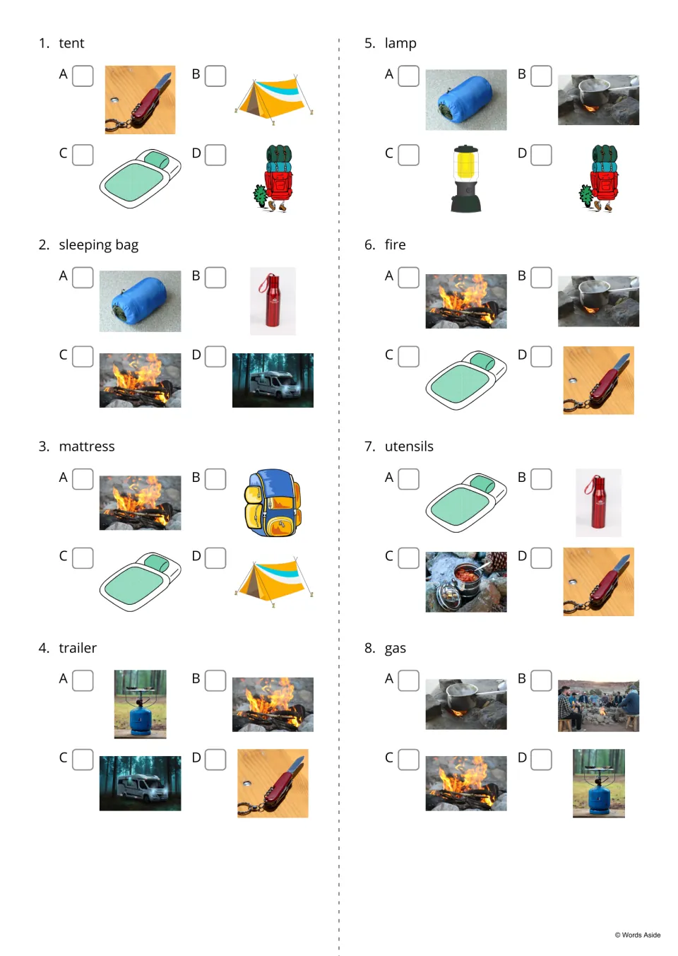 Camping word quiz, items 1-8: students read a word like tent, mattress or utensils and tick the matching picture of four