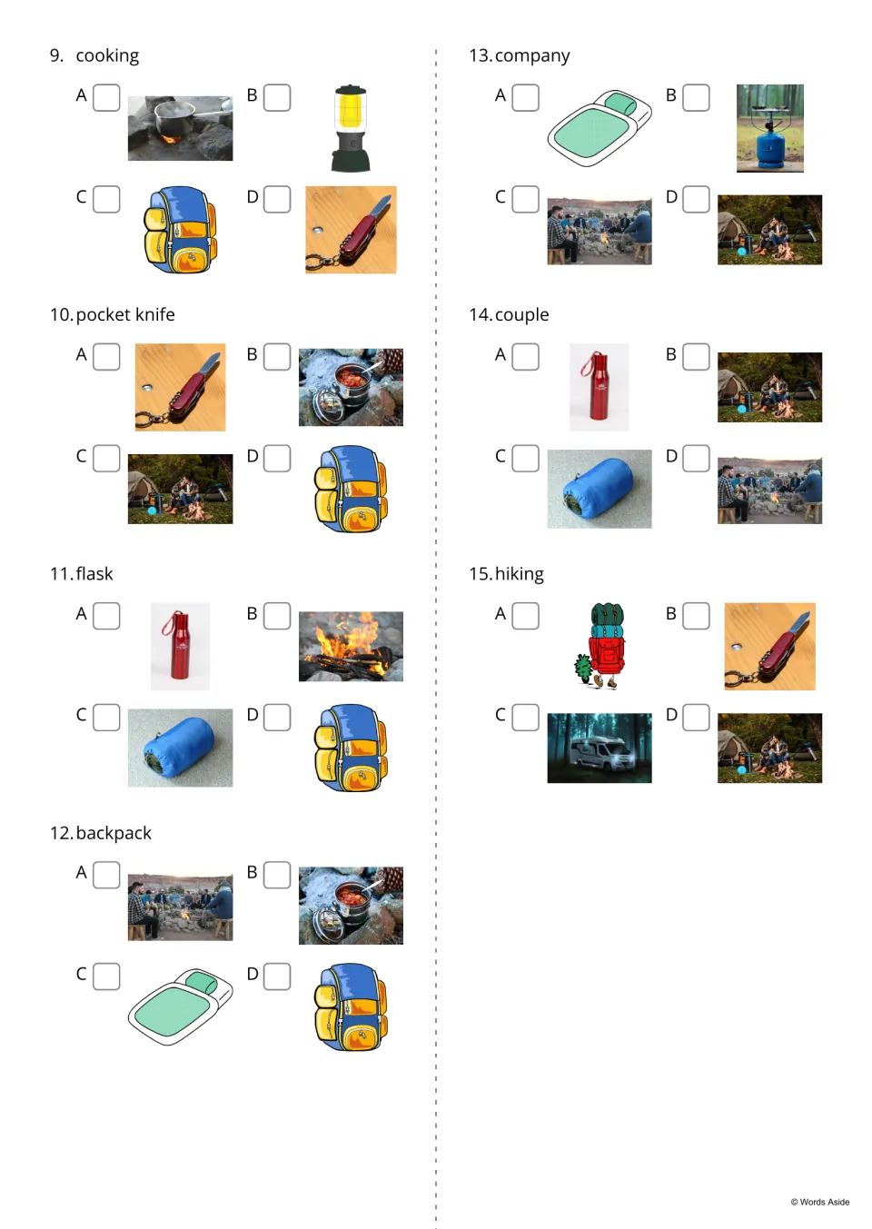 Camping word quiz, items 9-15: students match pictures to cooking, pocket knife, flask, backpack, company, couple and hiking