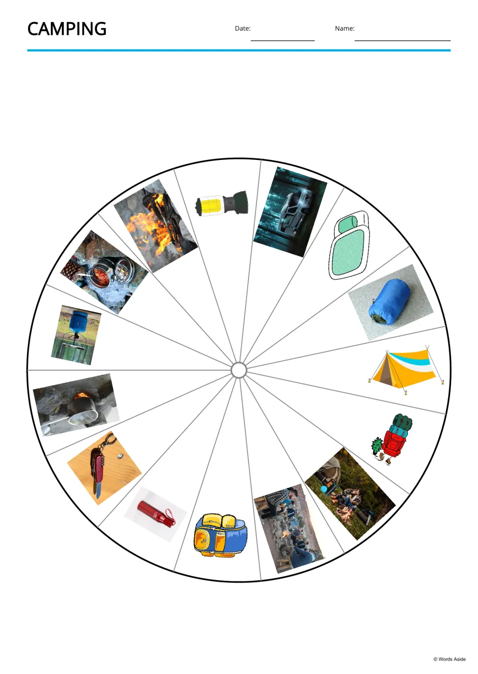 Camping picture wheel: a circle of 15 camping images, including a tent, lantern, campfire, trailer and backpack