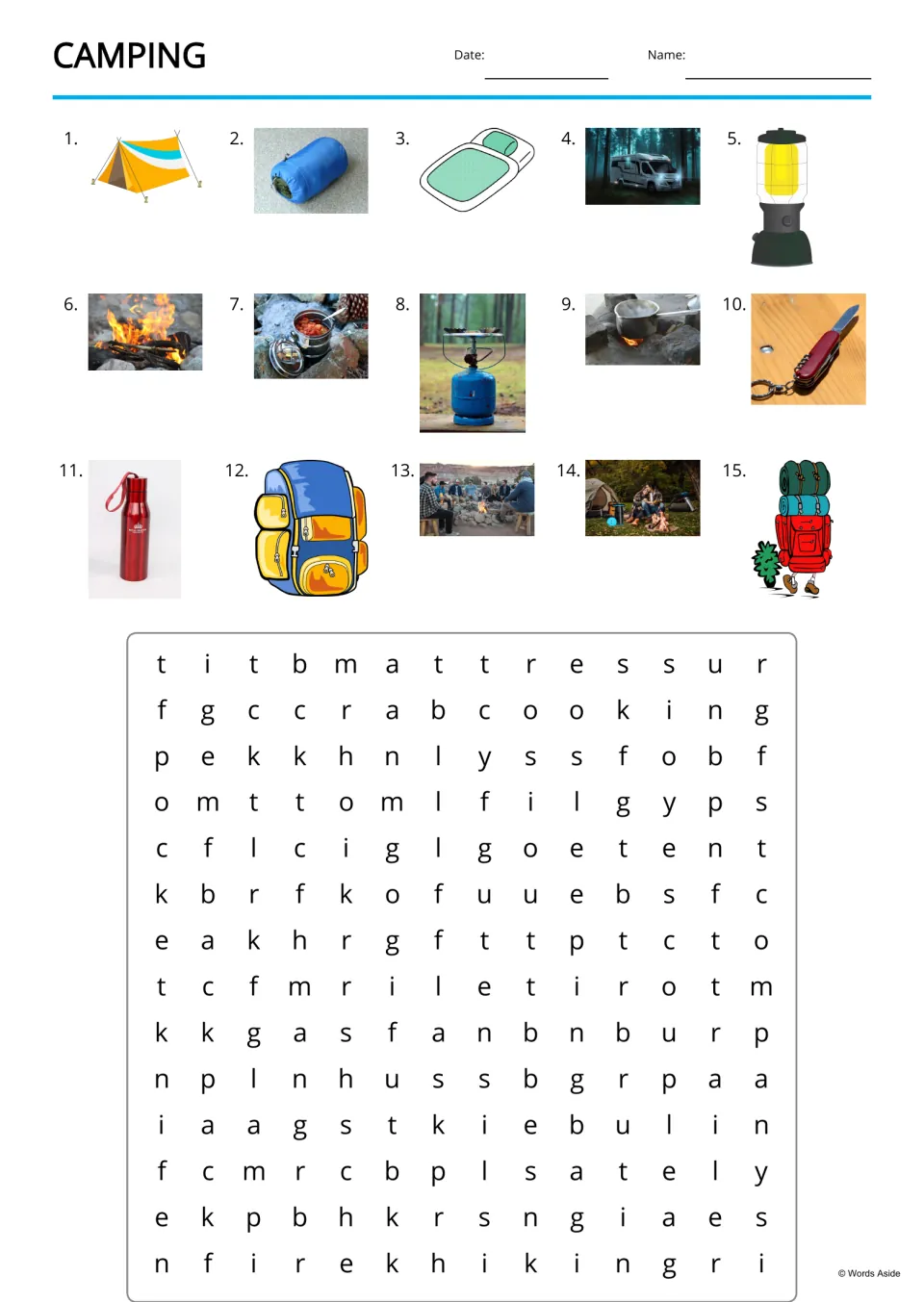 Camping word search: students find 15 hidden words, such as mattress, cooking and hiking, using numbered picture clues