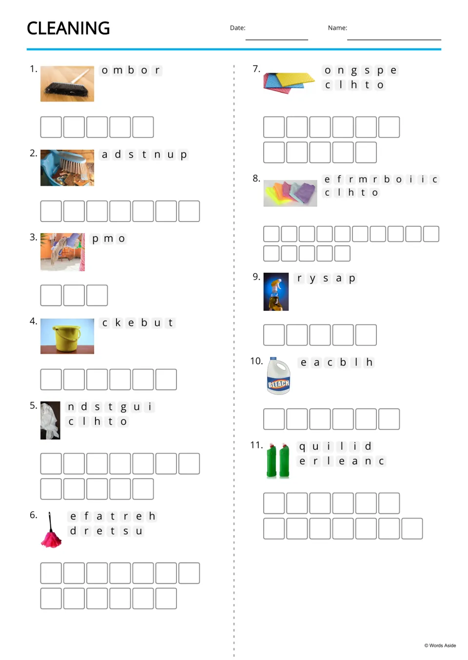 Cleaning anagrams 1-11: students unscramble letters beside photos of a broom, dustpan, mop and bucket to spell each tool