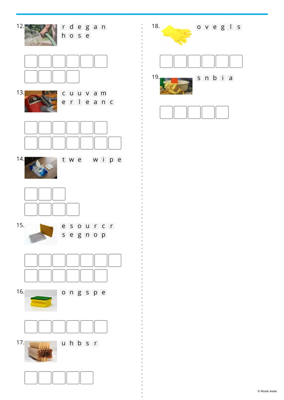 Cleaning anagrams 12-19: students unscramble letters beside photos of a garden hose, vacuum cleaner, gloves and basin