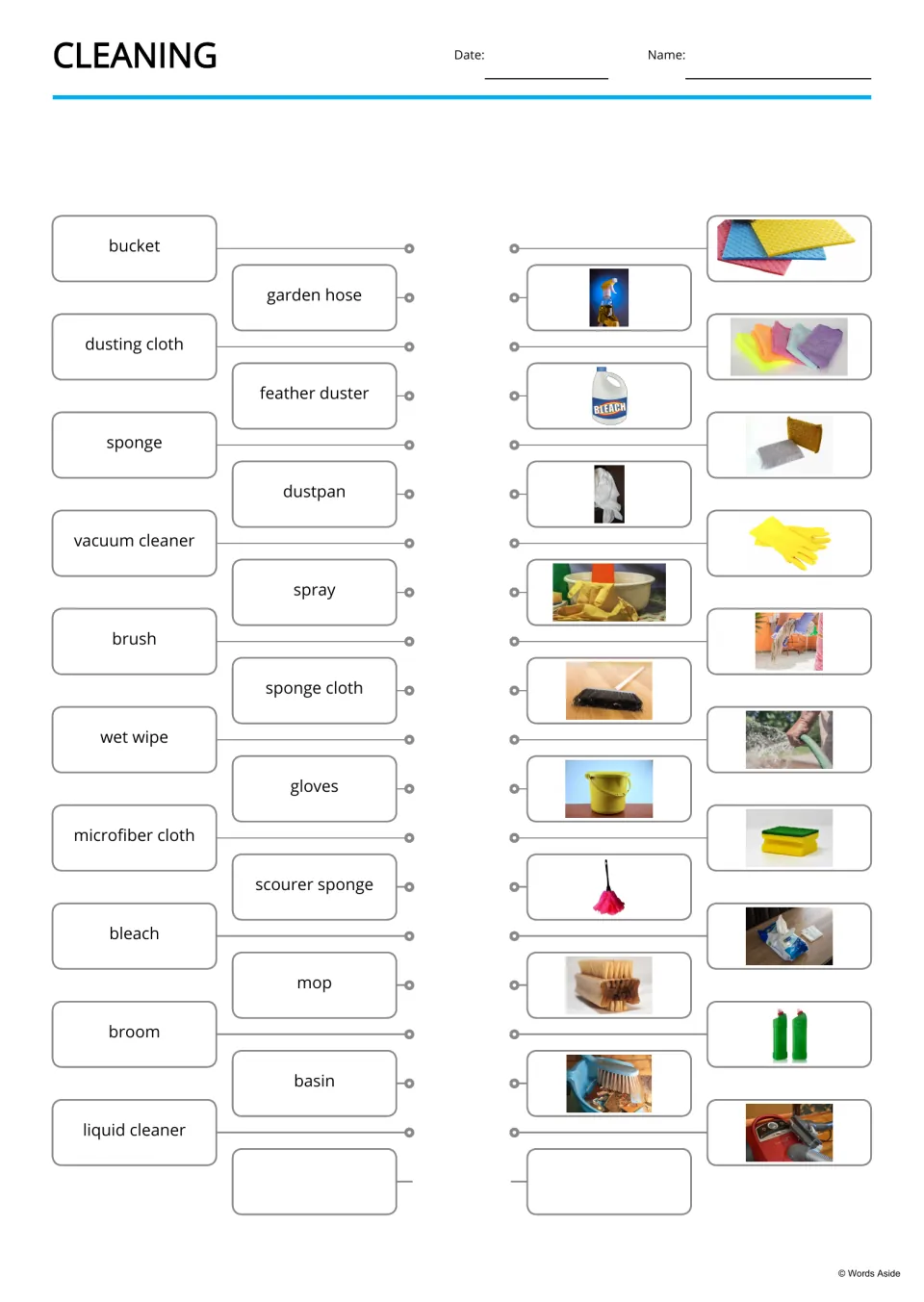 Cleaning vocabulary matching: students connect 19 tool names such as bucket, mop and bleach to their matching photos