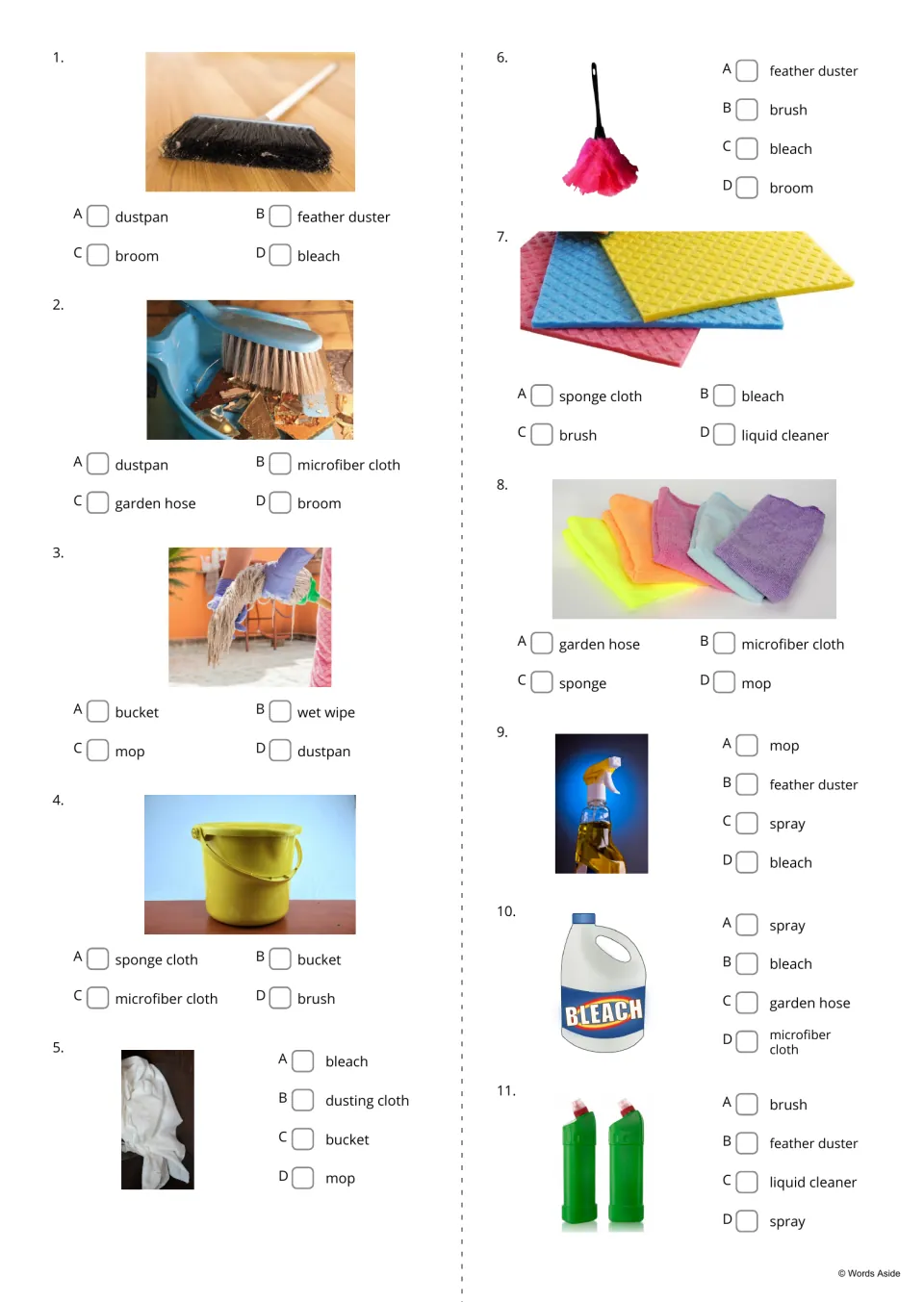 Cleaning picture quiz 1-11: students tick which of four words names each photo, such as broom, dustpan or bleach