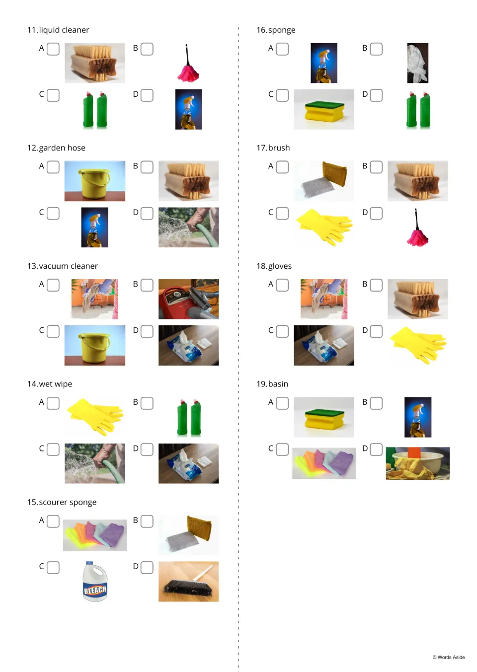 Cleaning word-to-picture quiz 11-19: students tick the photo that shows liquid cleaner, wet wipe, sponge, gloves or basin