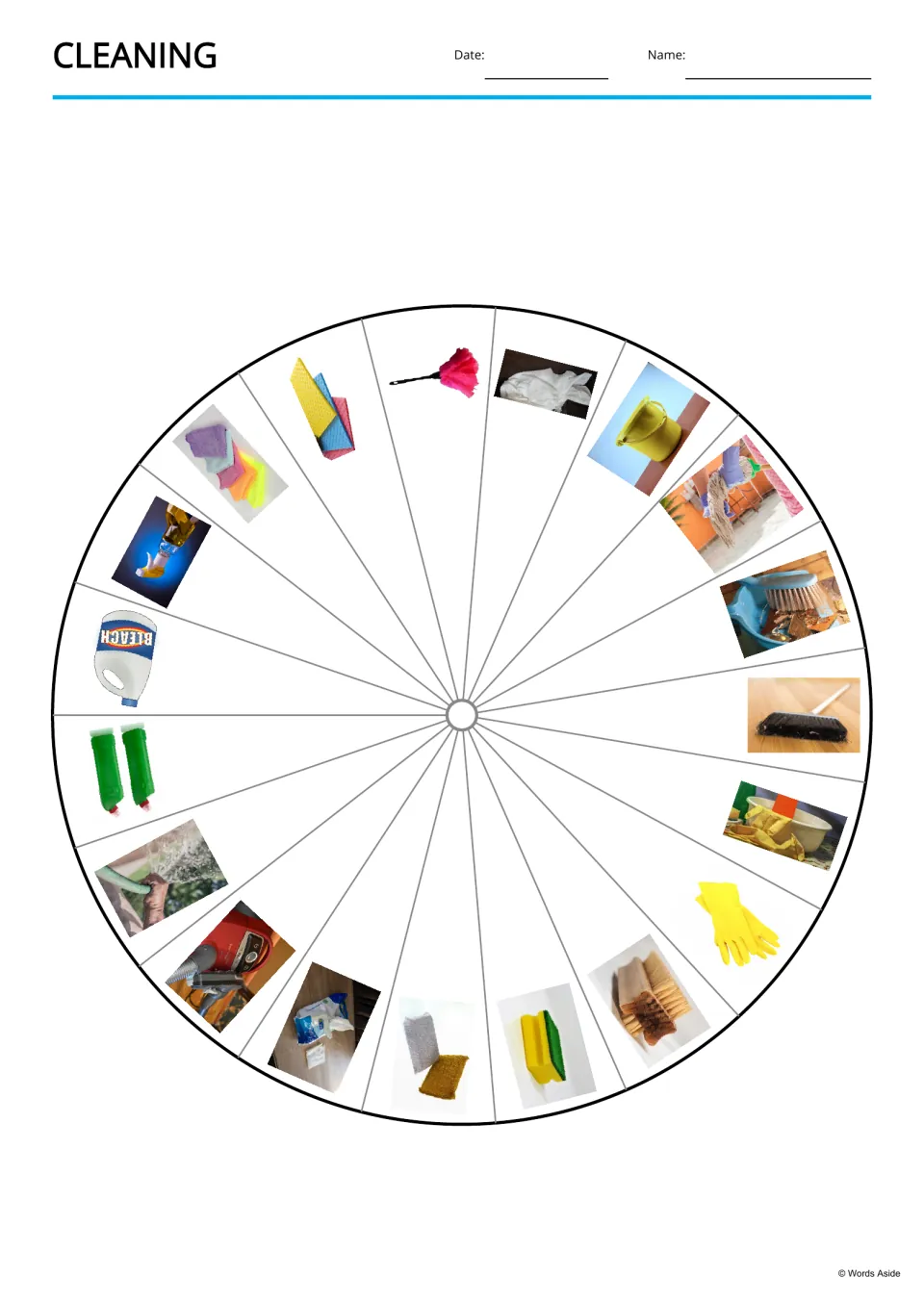Cleaning picture wheel showing 19 tool photos in segments, from a feather duster, bucket and mop to gloves and bleach