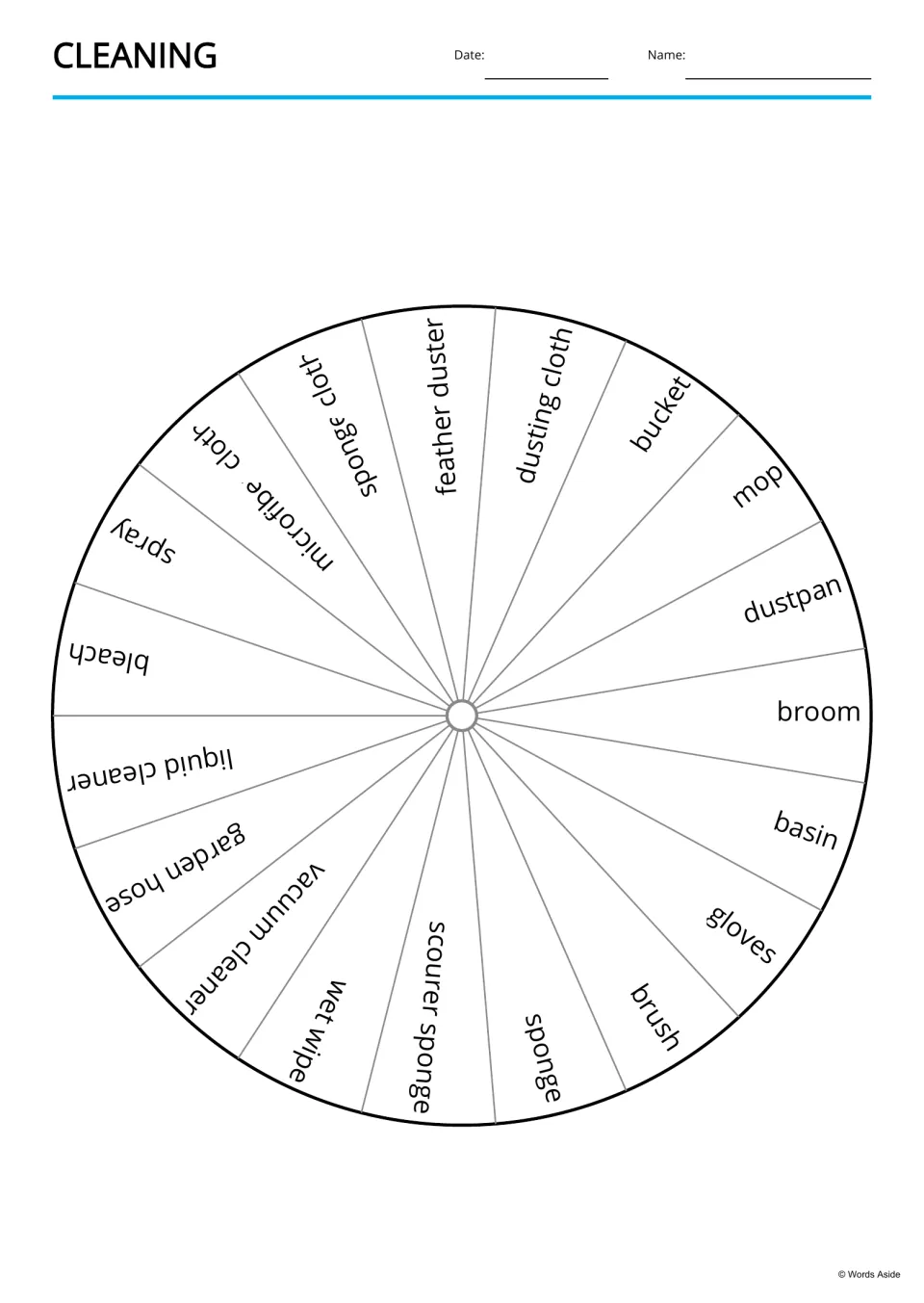 Cleaning word wheel listing 19 tool names in segments, including broom, dustpan, sponge, wet wipe and liquid cleaner