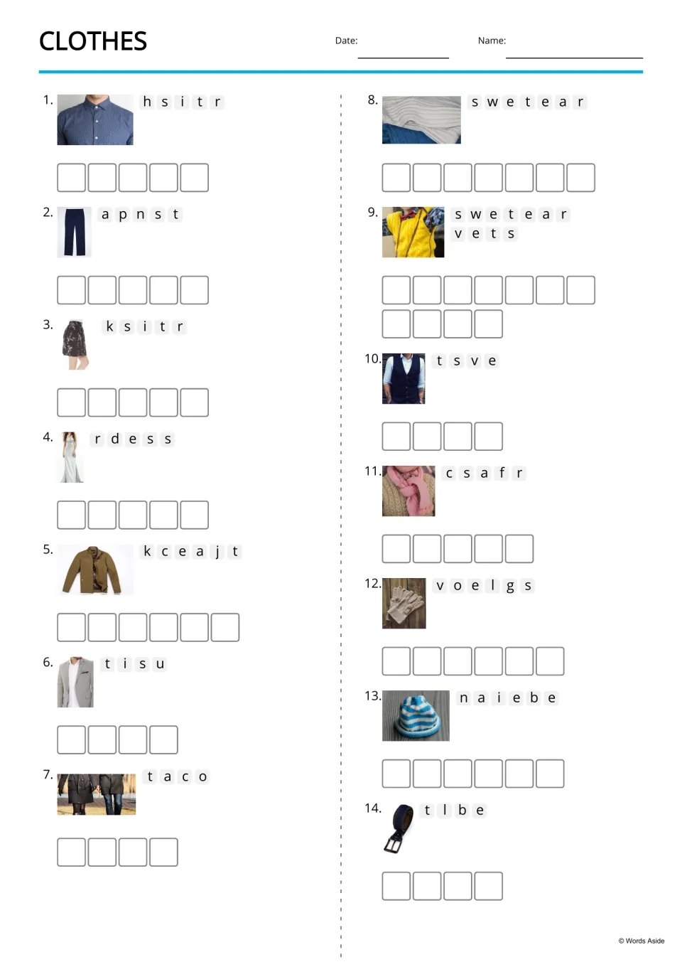 Clothes anagrams: students unscramble letters such as h s i t r beside 14 clothing photos and spell each word