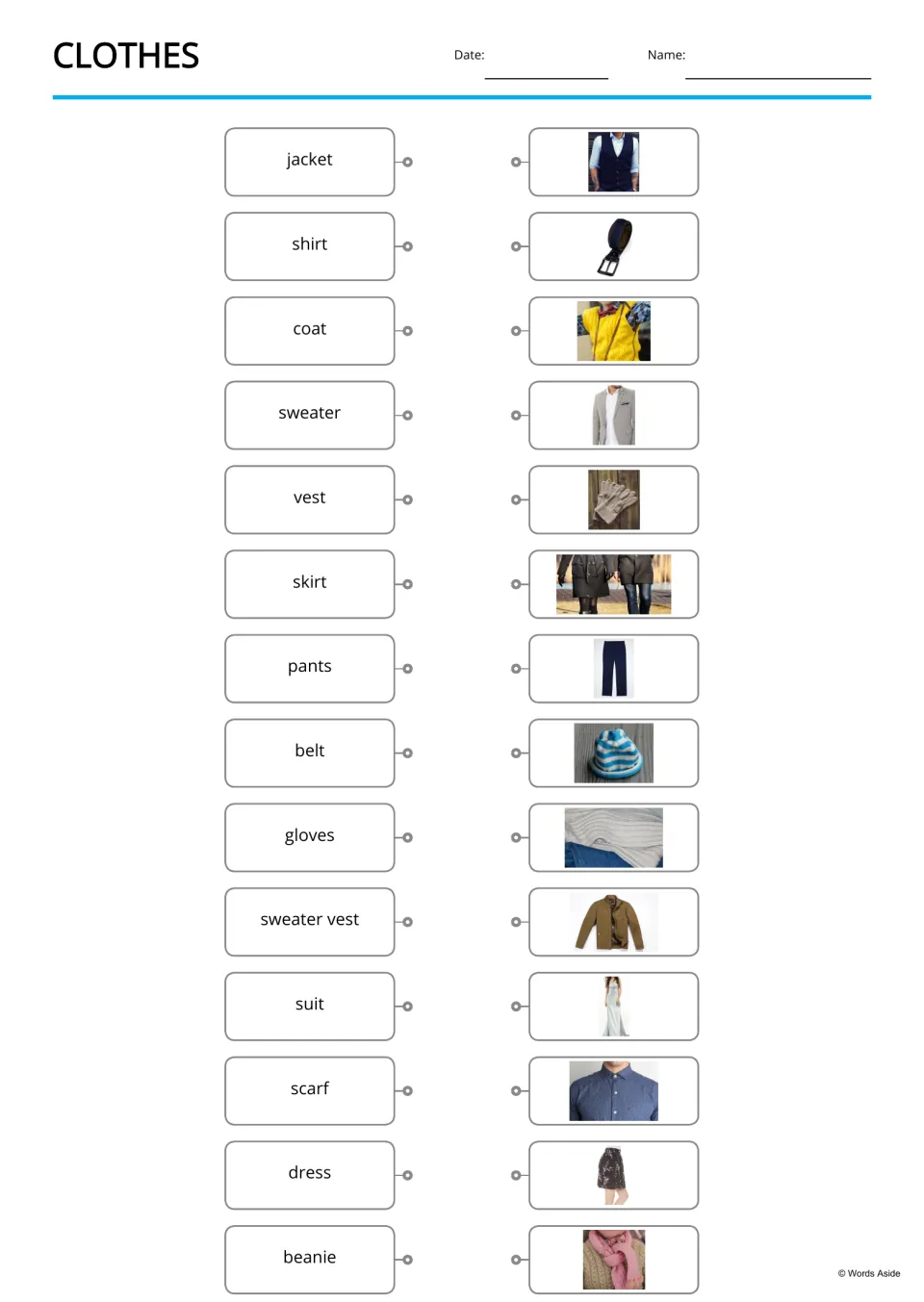 Clothes matching: students draw lines linking 14 words, from jacket to beanie, to the matching clothing photos
