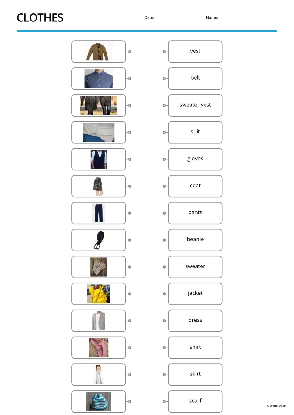 Clothes picture-to-word match: students connect 14 clothing photos to words like vest, belt, suit and scarf