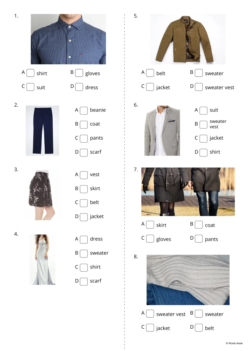 Clothing multiple choice, items 1-8: students tick the word naming each photo, such as shirt, pants, skirt or coat