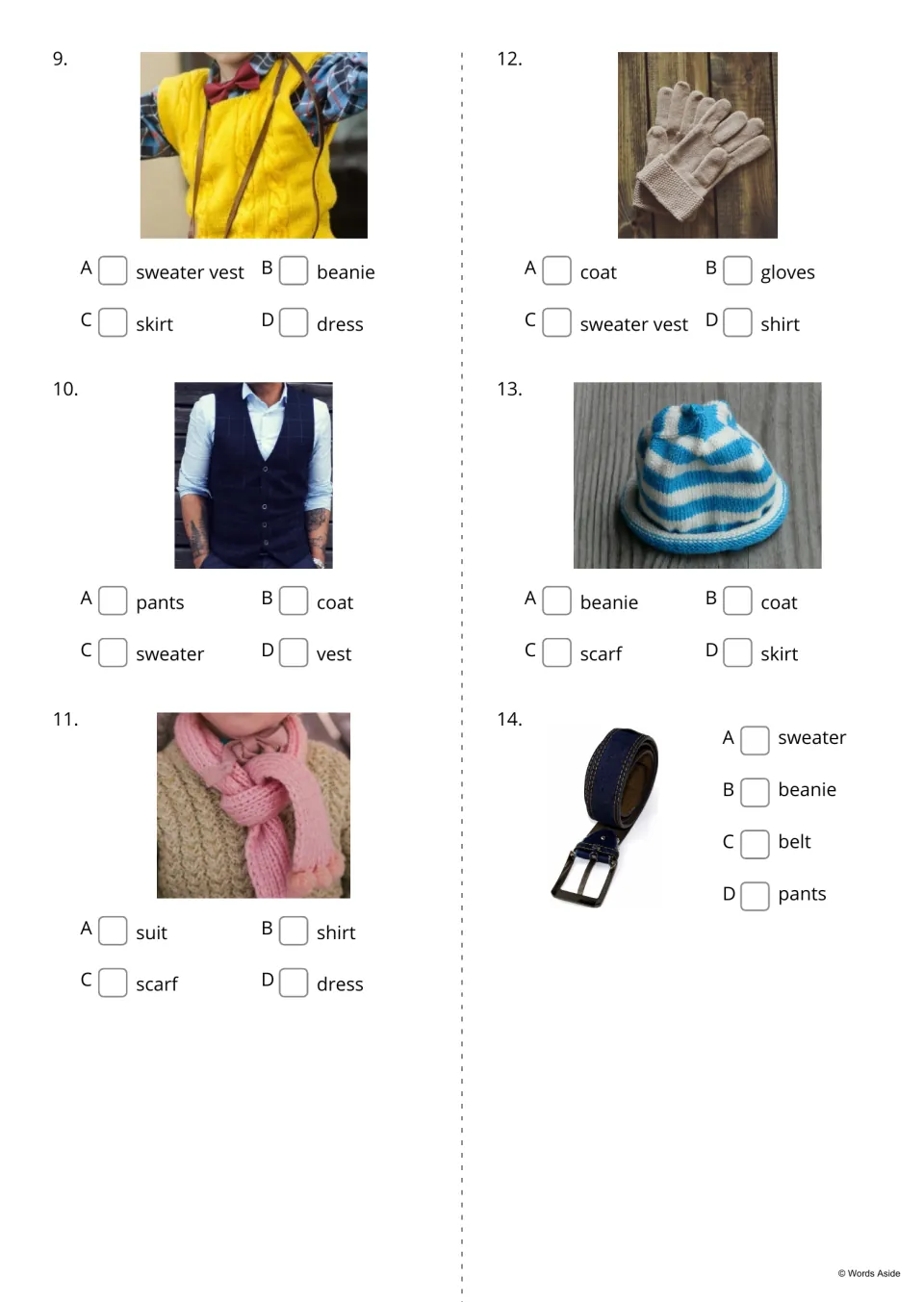 Clothing multiple choice, items 9-14: students pick the word for photos of a sweater vest, vest, scarf, gloves and belt