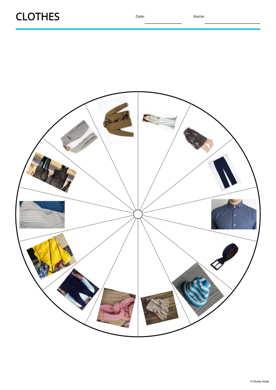 Clothes picture wheel: 14 photos of clothing, including a jacket, dress, shirt, belt, beanie and gloves, around a circle