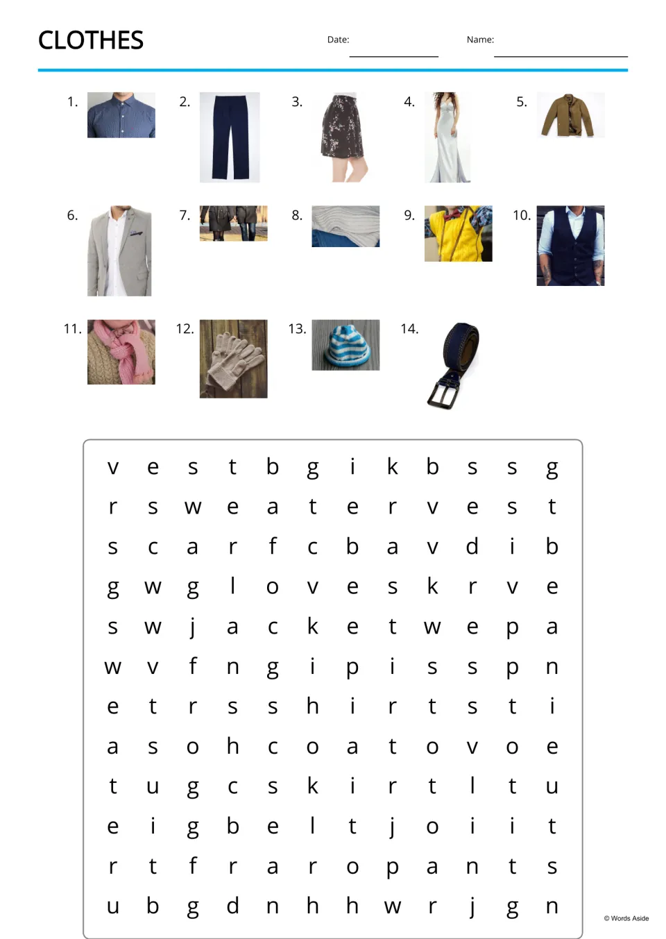 Clothes word search: students find 14 clothing words, prompted by numbered photos of a shirt, pants, coat and more