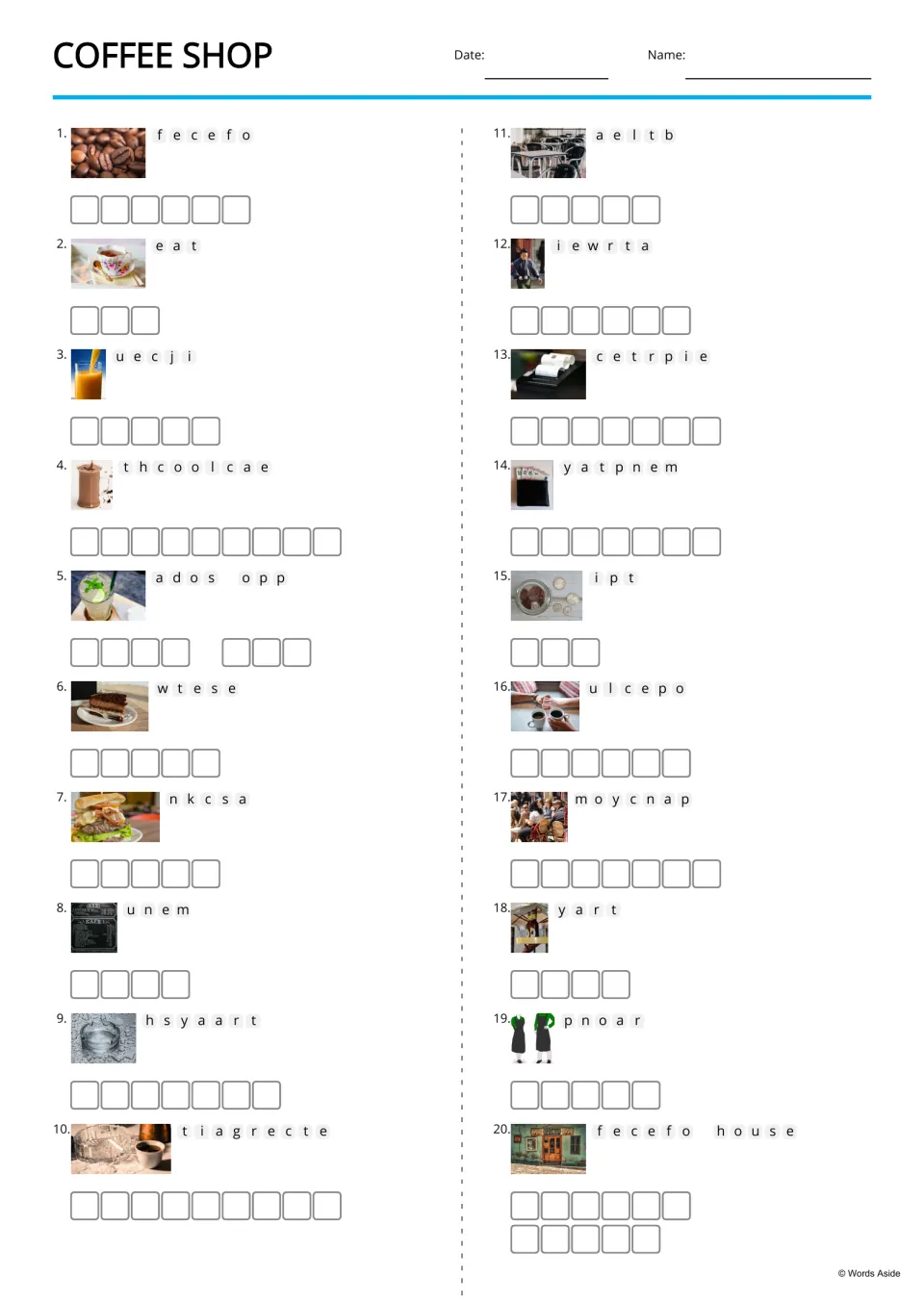 Coffee shop anagrams: students unscramble letters beside 20 photos, such as f e c e f o, to spell words like coffee