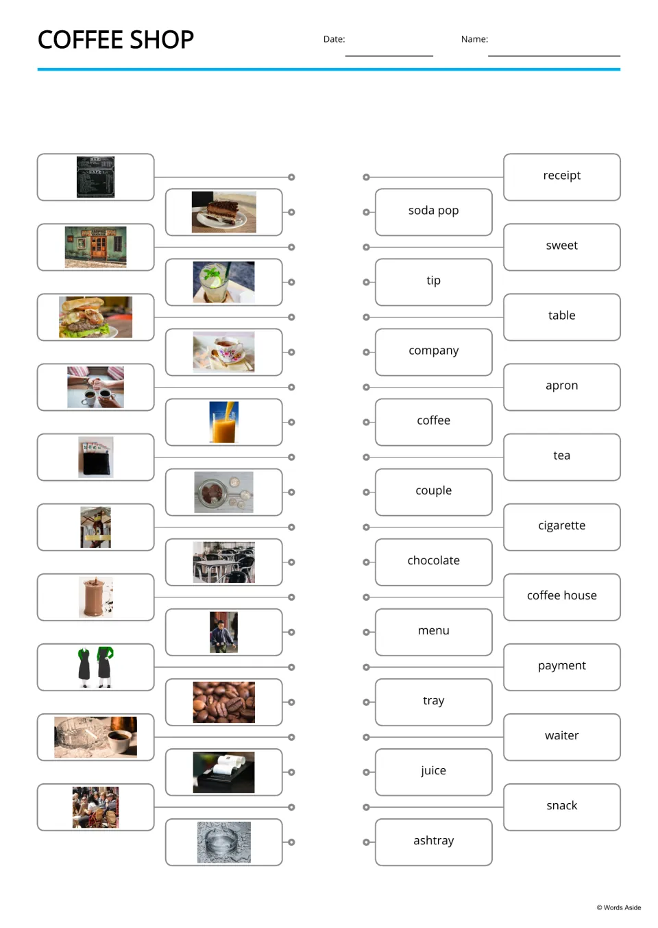 Café word match, reversed: students connect photos of a menu, tea, juice and more to the 20 written words