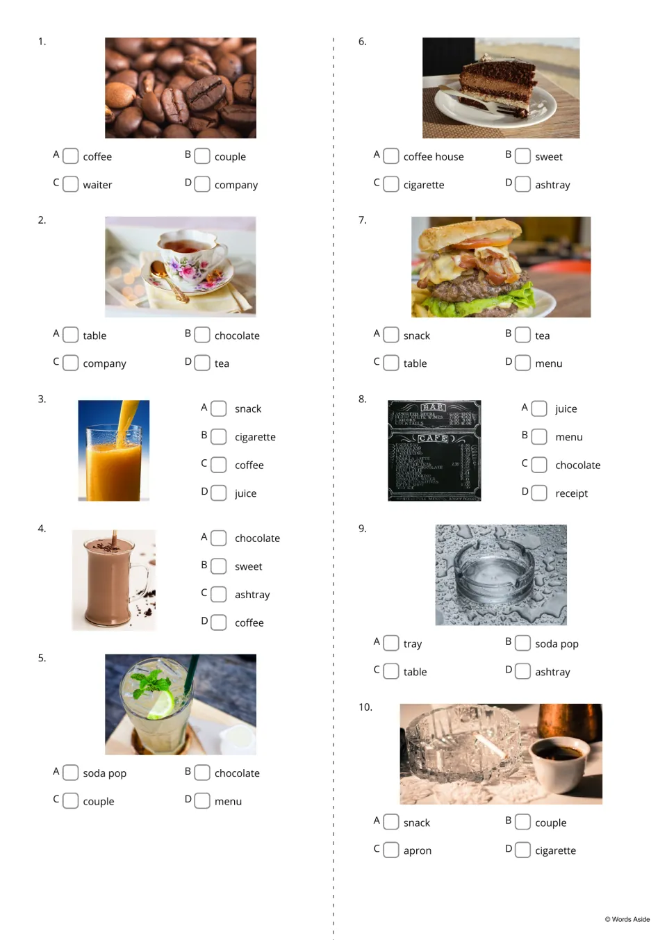 Picture quiz items 1-10: students see a photo such as coffee beans or a cup of tea and tick the right word from A to D