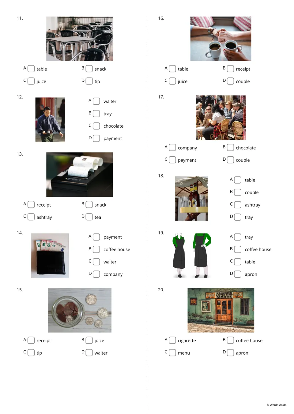 Picture quiz items 11-20: students choose table, waiter, receipt, tip, apron and other café words from four options