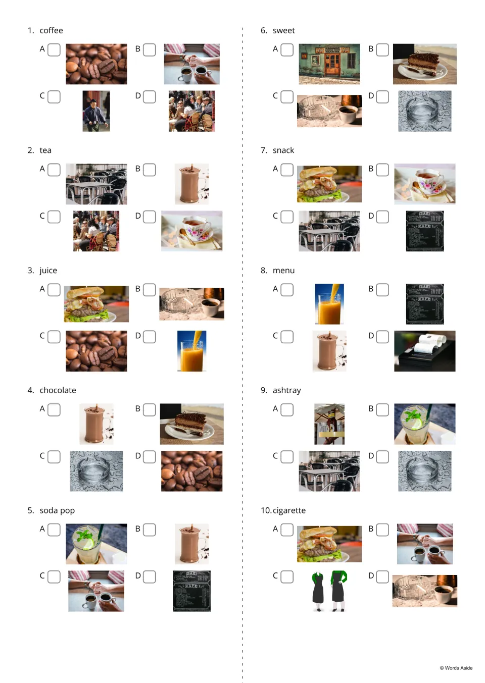 Word-to-picture quiz 1-10: students read coffee, tea, juice, menu or ashtray and tick the matching photo of four