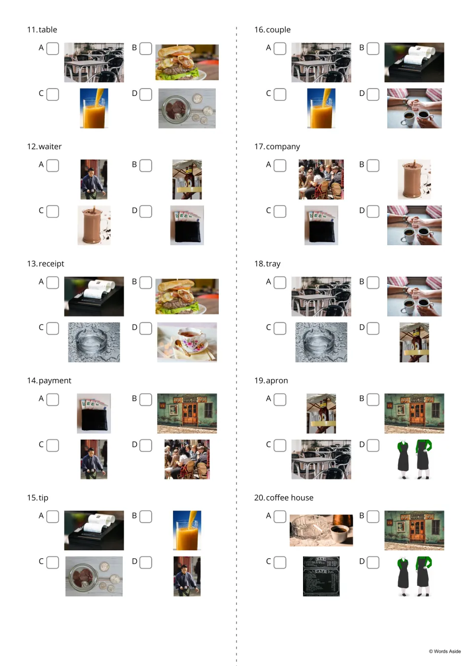 Word-to-picture quiz 11-20: students read table, waiter, payment, tray or coffee house and pick the correct photo