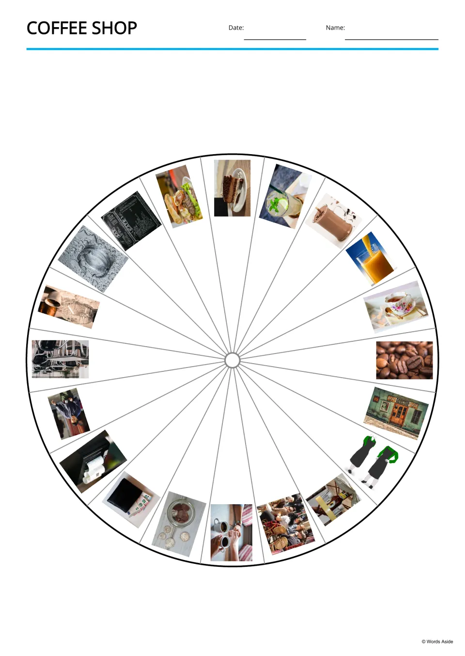 Coffee shop picture wheel showing 20 café photos, including coffee beans, cake, a menu board and two aprons