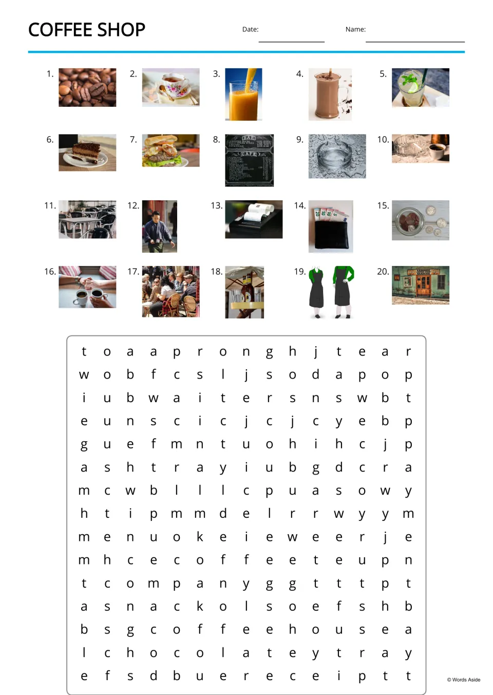 Coffee shop word search: students name 20 pictured café items, write them in numbered spaces and find each in the letters